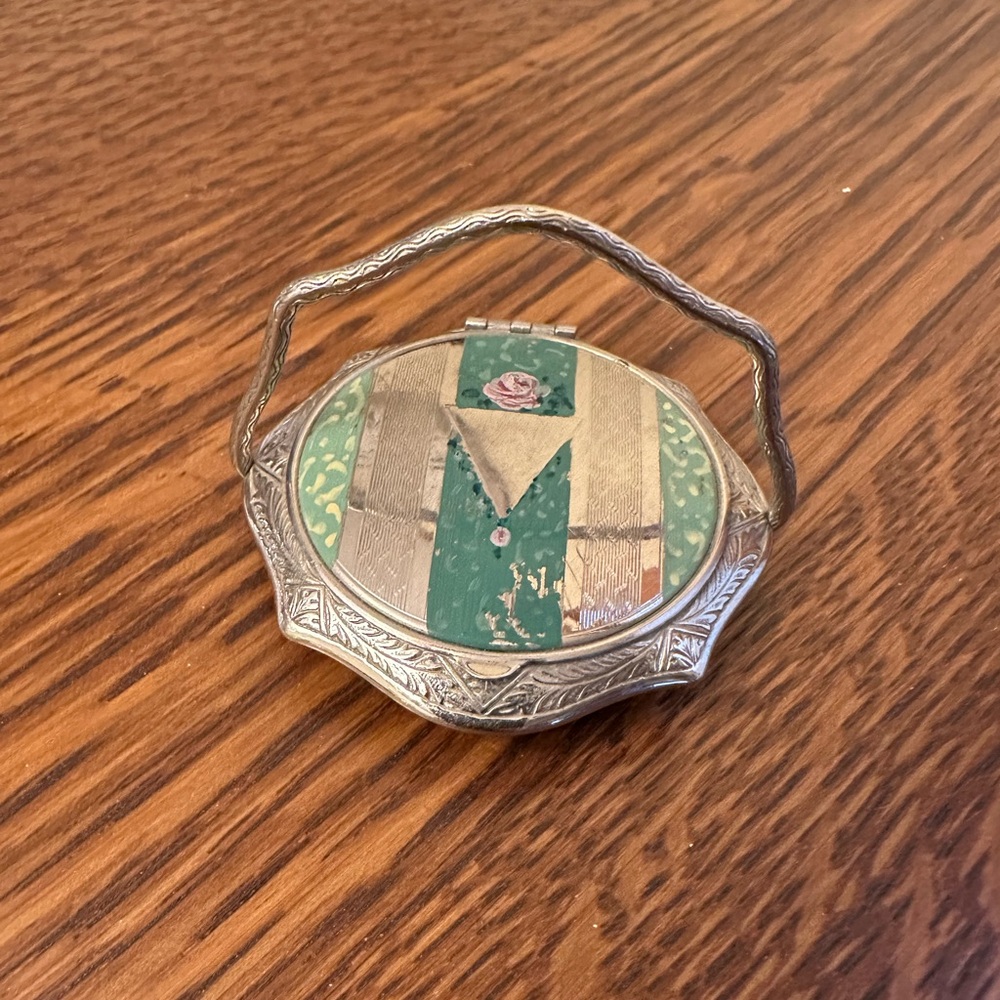 1930’s Vintage Silver and Green, Pink Enamel Compact  Mirror with Basket Handle